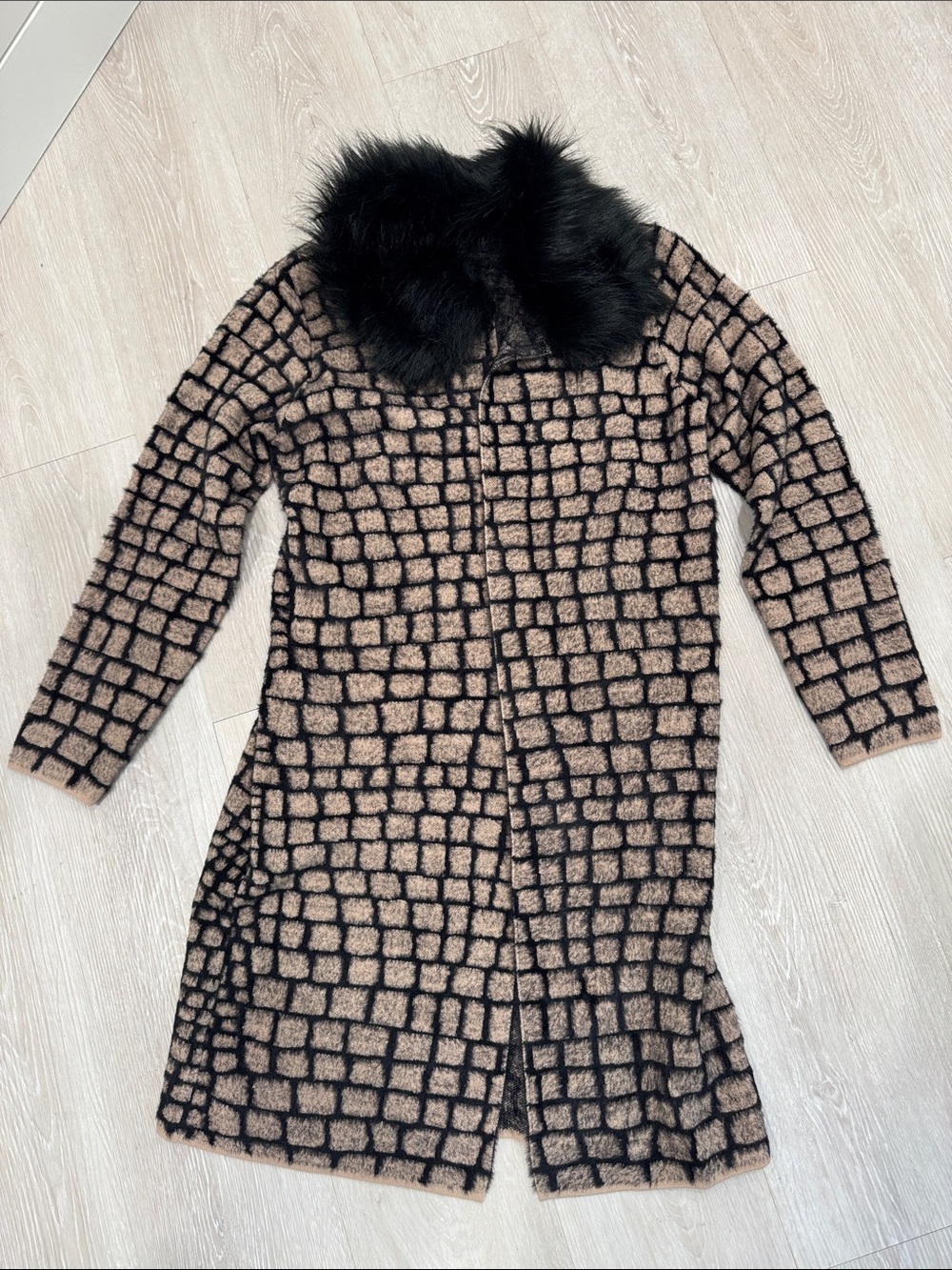 Love Token Black & Beige Grid Knit Cardigan with Faux Fur Collar